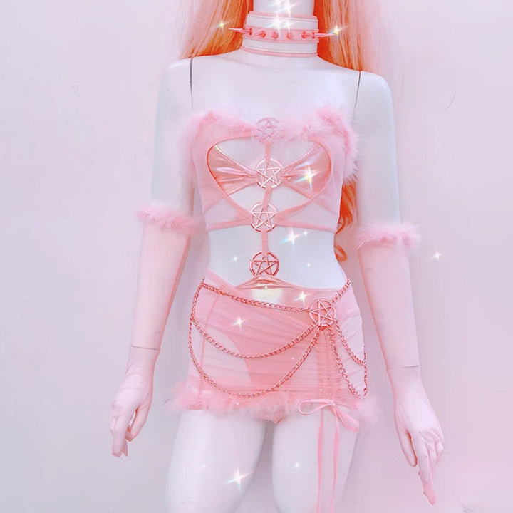 Hollow out metal chain feather ruched tube cut out mini dress  | Festival Outfits Women