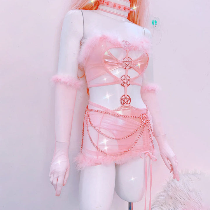 Hollow out metal chain feather ruched tube cut out mini dress  | Festival Outfits Women