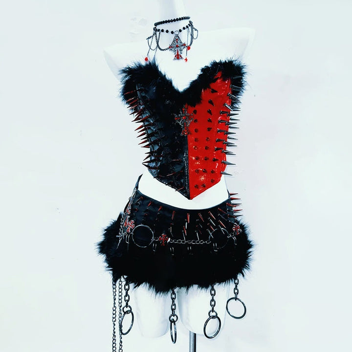 Sweetheart neck fluffy rivet applique contrast top  | Festival Outfits Women