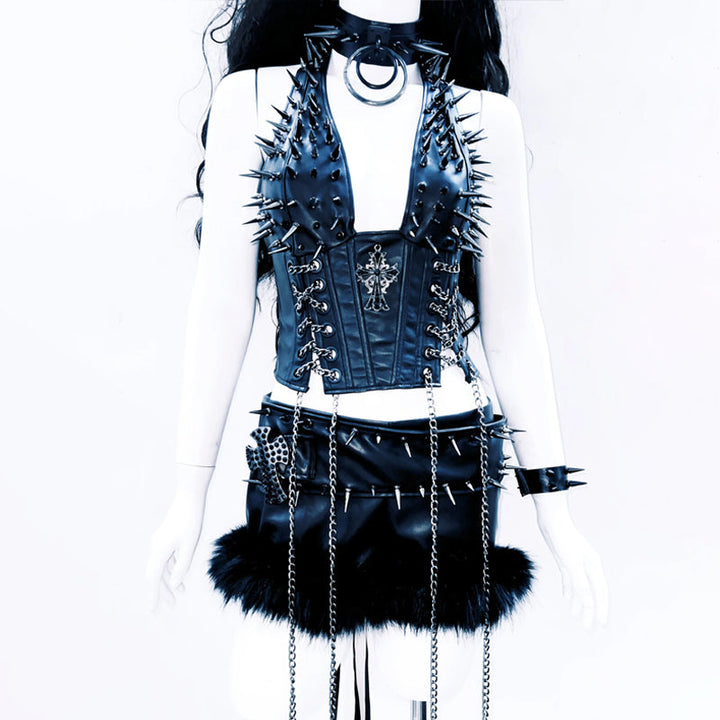 Metal chain square neck rivet applique PU leather top  | Festival Outfits Women