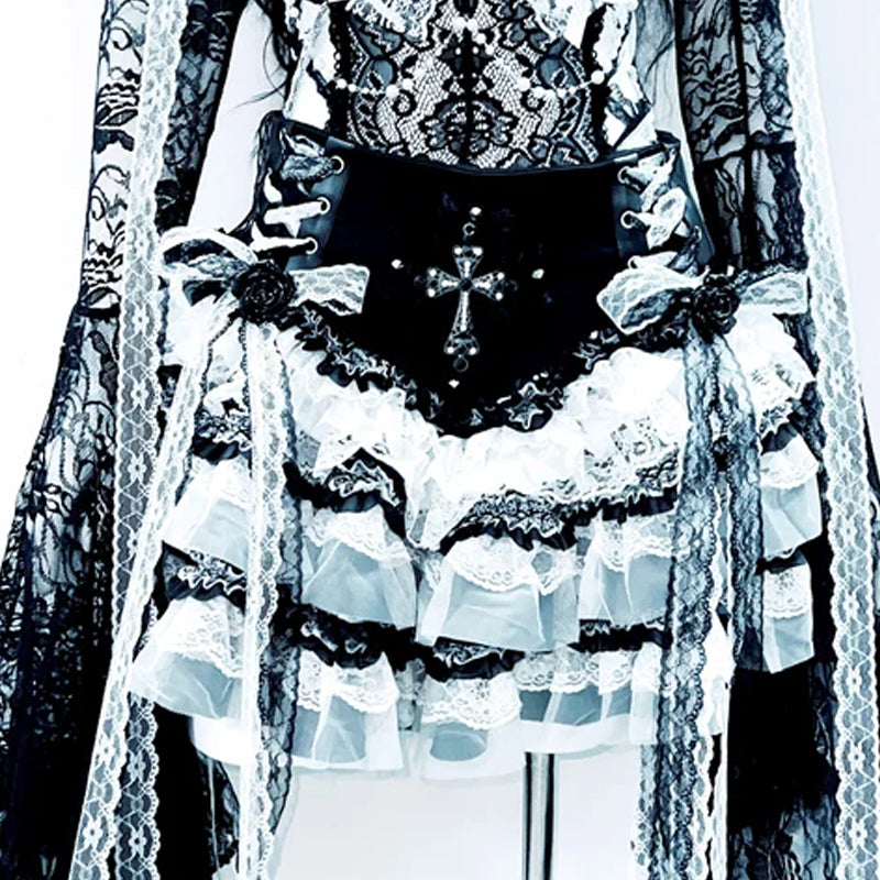 Bowknot long flared sleeve lace flower applique mini skirt set  | Festival Outfits Women