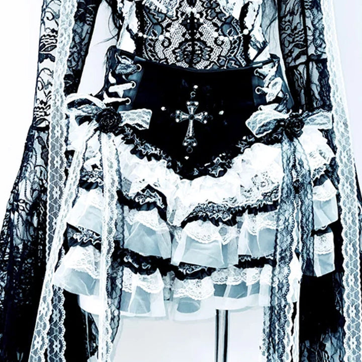 Bowknot long flared sleeve lace flower applique mini skirt set  | Festival Outfits Women