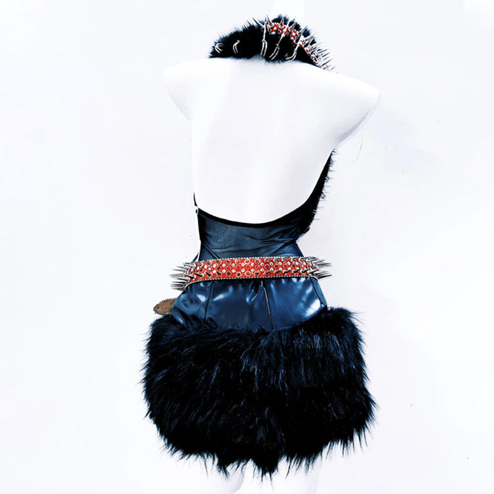 Halter fluffy rivet skull applique backless top  | Festival Outfits Women