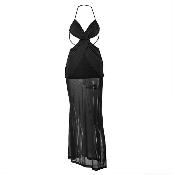 Halter ruched mesh backless self tie maxi dress  | Festival Outfits Women