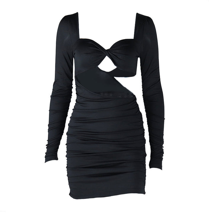 Long sleeve hollow out v neck ruched cut out mini dress  | Festival Outfits Women