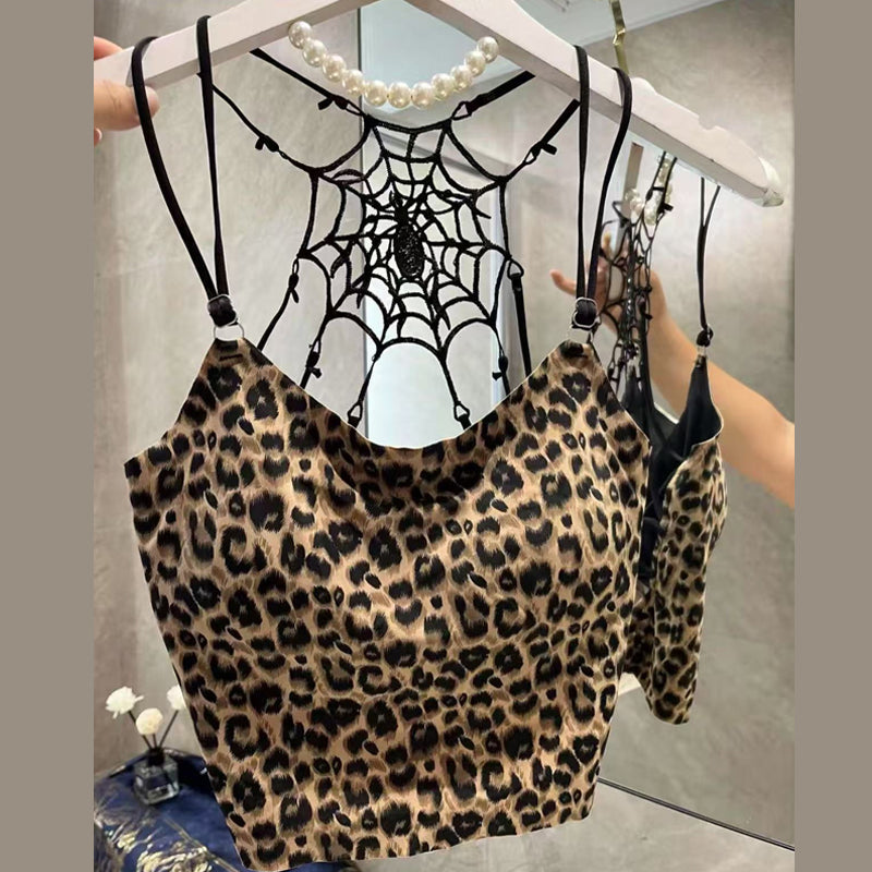 Leopard print spider web backless padded top  | Festival Outfits Women  | Cheetah Print Top