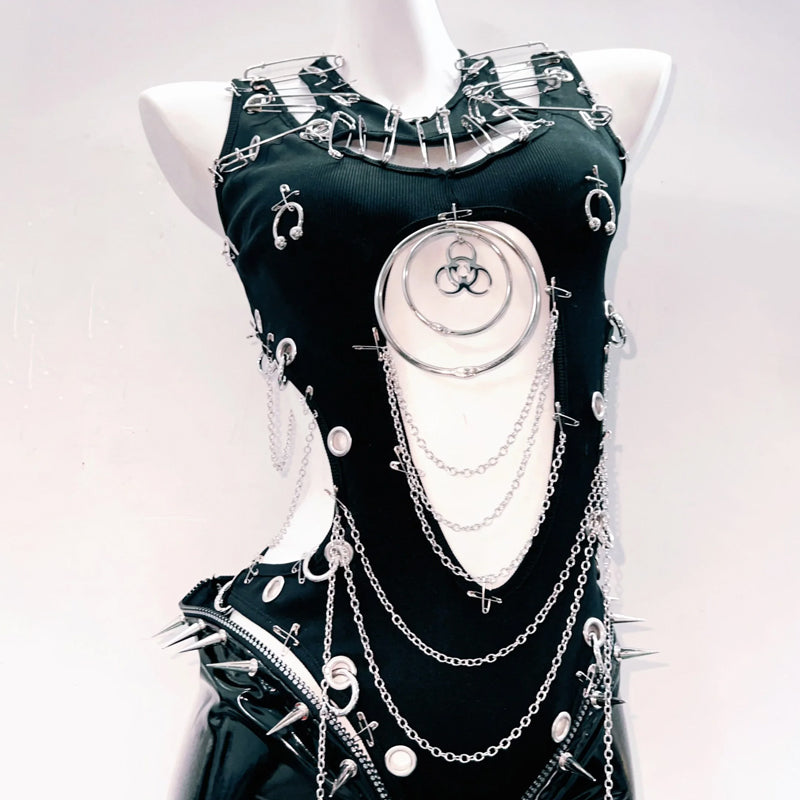 Hollow out o ring metal chain crewneck bodysuit  | Festival Outfits Women