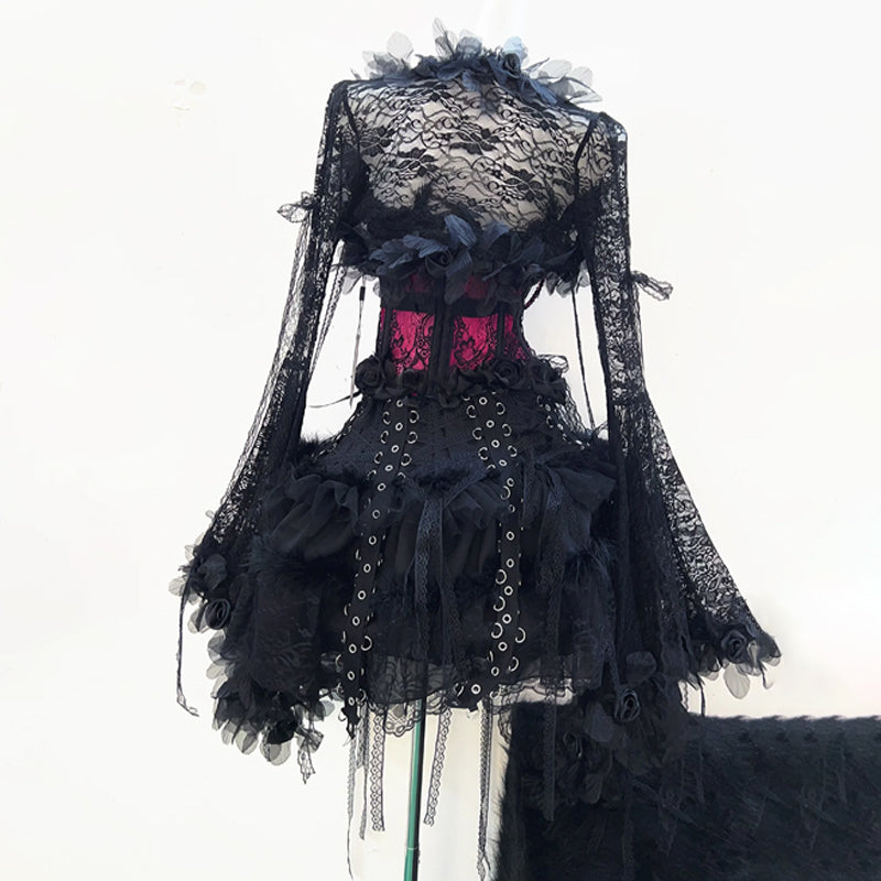 Long flared sleeve lace flower applique beaded top  | Festival Outfits Women