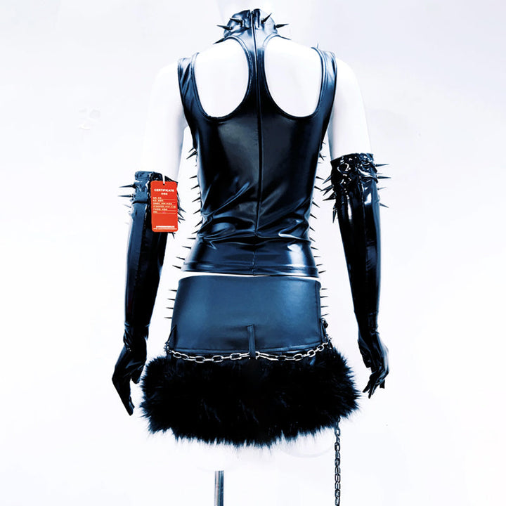 High neck hollow out PU leather rivet applique cut out top  | Festival Outfits Women