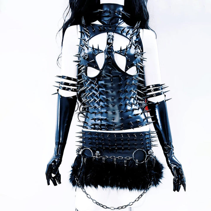 High neck hollow out PU leather rivet applique cut out top  | Festival Outfits Women