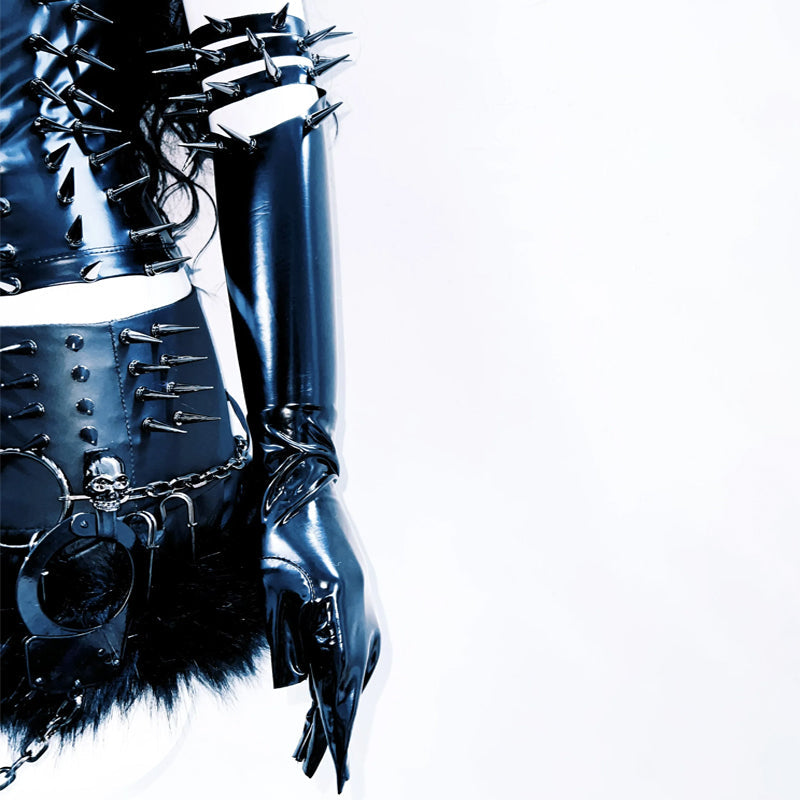 High neck hollow out PU leather rivet applique cut out top  | Festival Outfits Women