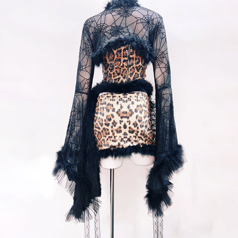 Leopard print glitter long sleeve spider applique mini skirt set  | Festival Outfits Women  | Leopard Print Mini Dress