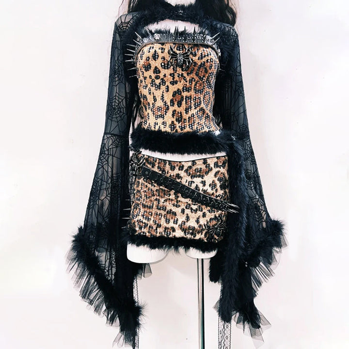 Leopard print glitter long sleeve spider applique mini skirt set  | Festival Outfits Women  | Leopard Print Mini Dress