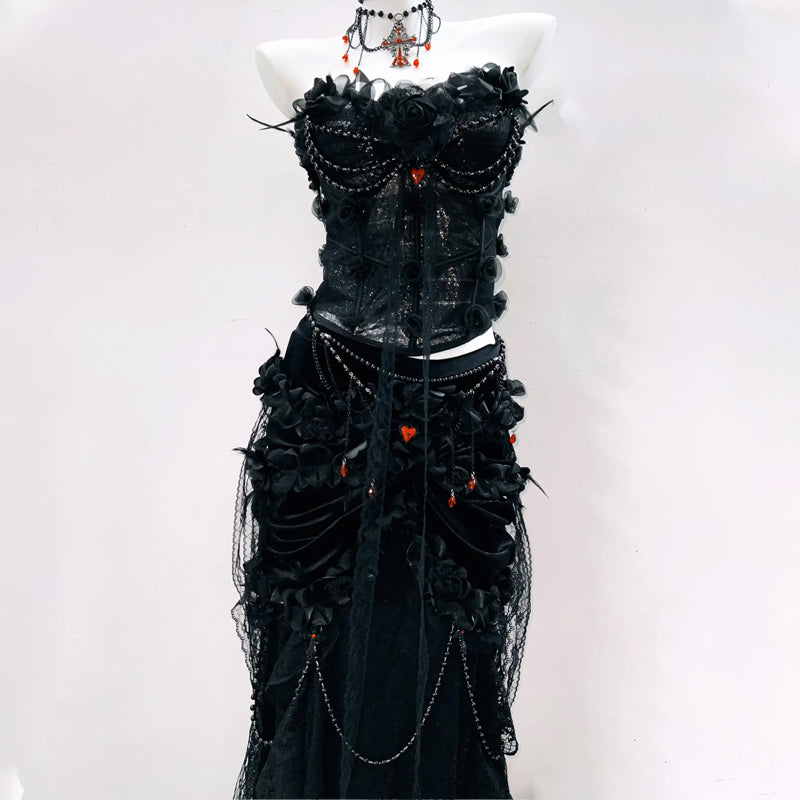 Long flared sleeve beaded flower applique lace maxi skirt set  | Festival Outfits Women