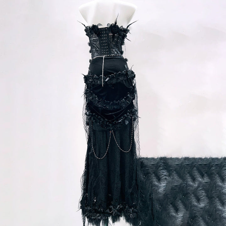 Long flared sleeve beaded flower applique lace maxi skirt set  | Festival Outfits Women