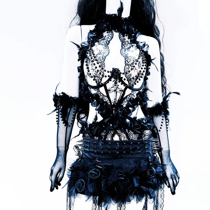 Halter hollow out beaded flower applique feather cut out top  | Festival Outfits Women