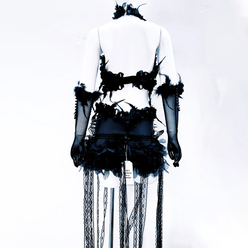 Halter hollow out beaded flower applique feather cut out top  | Festival Outfits Women