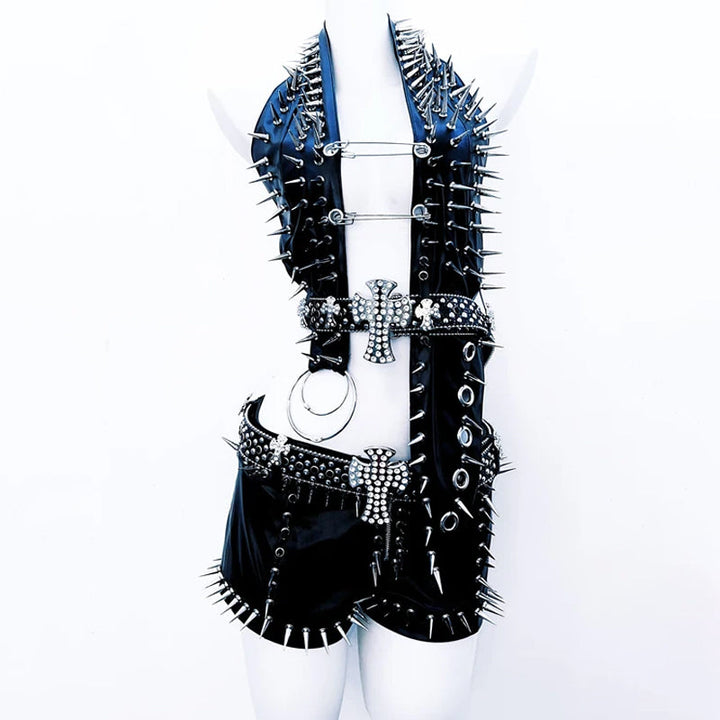 Irregular rivet applique o ring PU leather backless top  | Festival Outfits Women