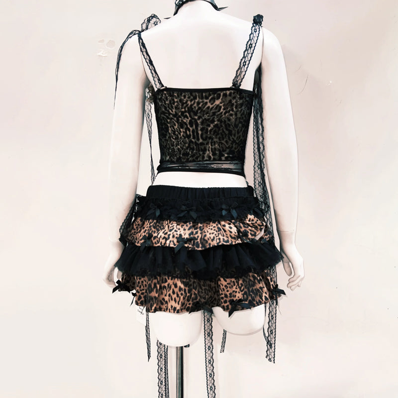 Bowknot leopard print long sleeve fluffy ruffle top  | Festival Outfits Women  | Cheetah Print Top