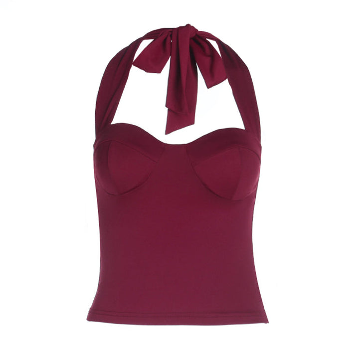 Halter self tie backless v neck solid top  | Festival Outfits Women