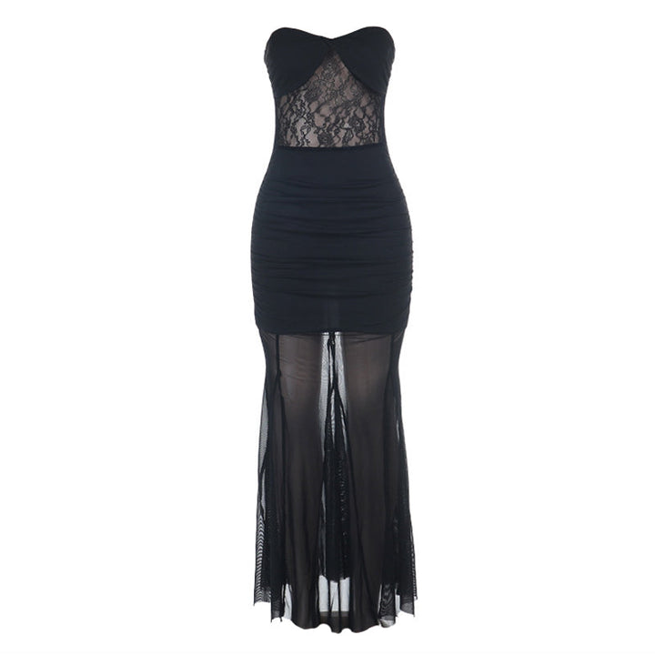 Mesh ruched tube backless solid maxi dress  | Festival Outfits Women