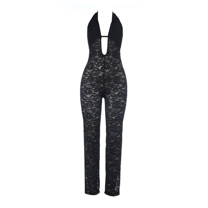 Hollow out lace halter self tie backless jumpsuit  | Festival Outfits Women
