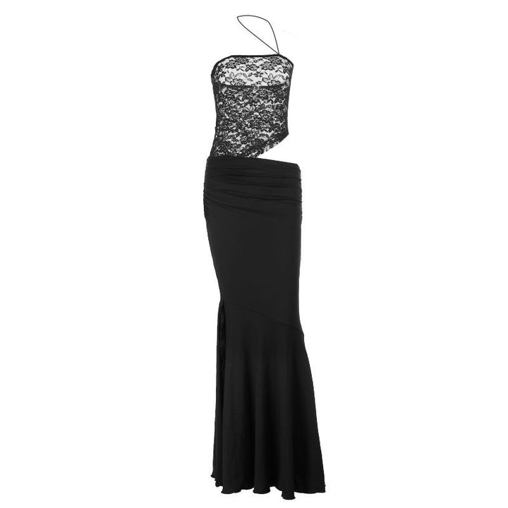 Irregular lace hollow out ruched halter cut out maxi dress  | Festival Outfits Women