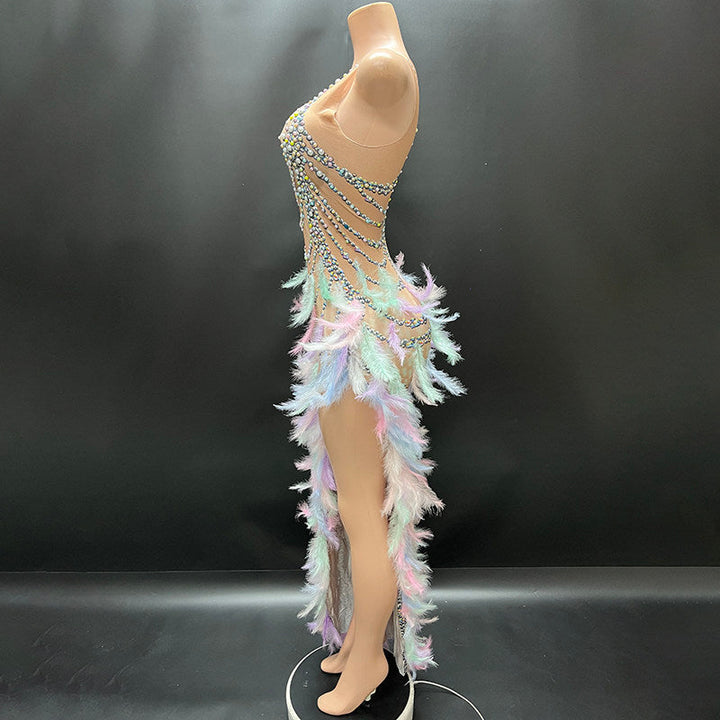 Feather irregular round neck zip-up print midi dress  | Festival Outfits Women