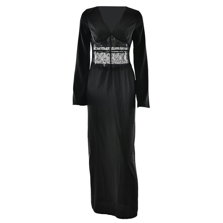 Long sleeve v neck lace satin zip-up maxi dress  | Festival Outfits Women