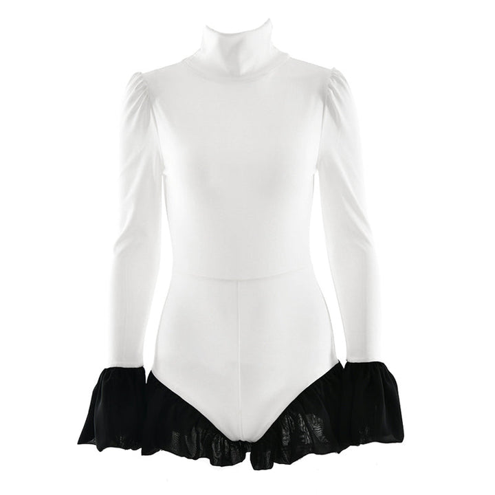 High neck long flared sleeve zip-up contrast romper  | Festival Outfits Women