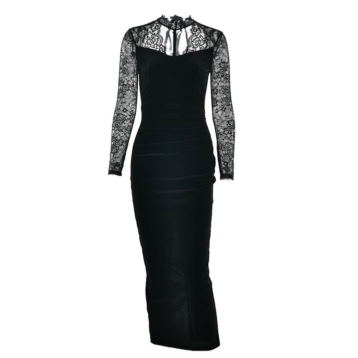 Lace long sleeve hollow out self tie slit midi dress  | Festival Outfits Women