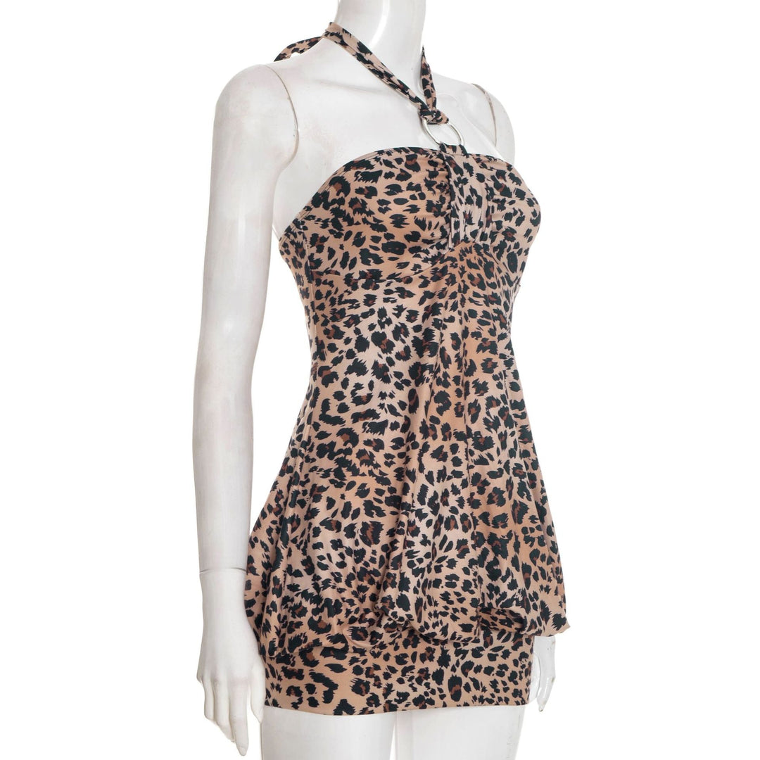 Leopard print halter self tie o ring mini dress  | Festival Outfits Women  | Leopard Print Mini Dress