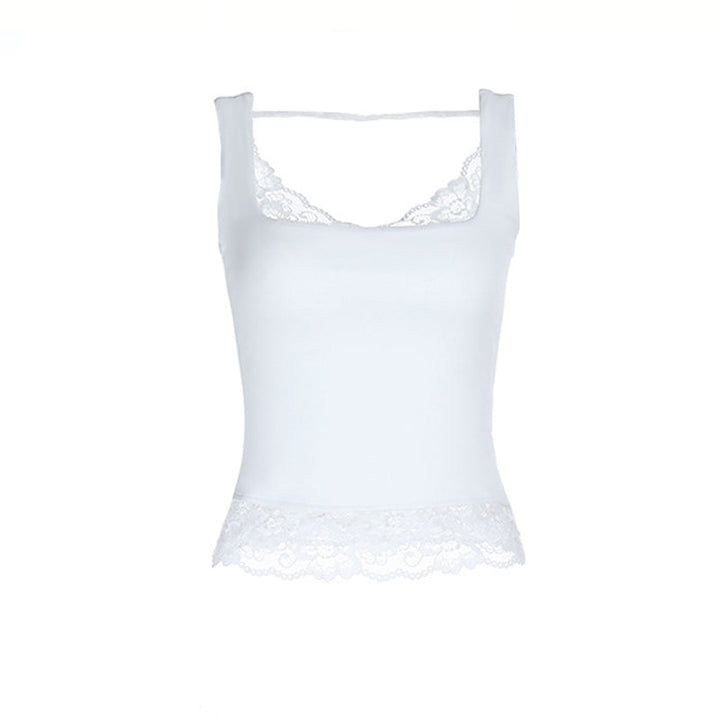 Lace hem v neck backless solid tank top  | Festival Outfits Women
