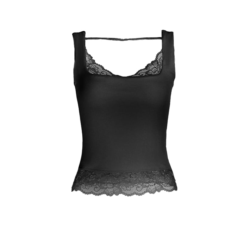 Lace hem v neck backless solid tank top  | Festival Outfits Women