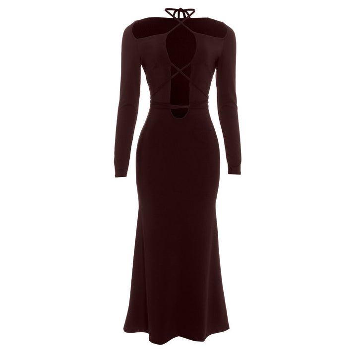 Cross front hollow out long sleeve self tie maxi dress  | Festival Outfits Women