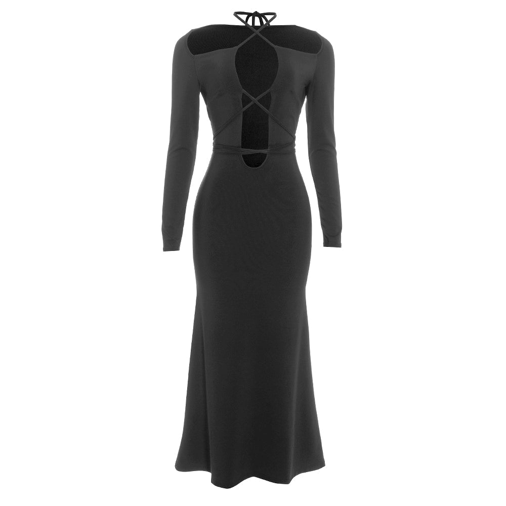 Cross front hollow out long sleeve self tie maxi dress  | Festival Outfits Women