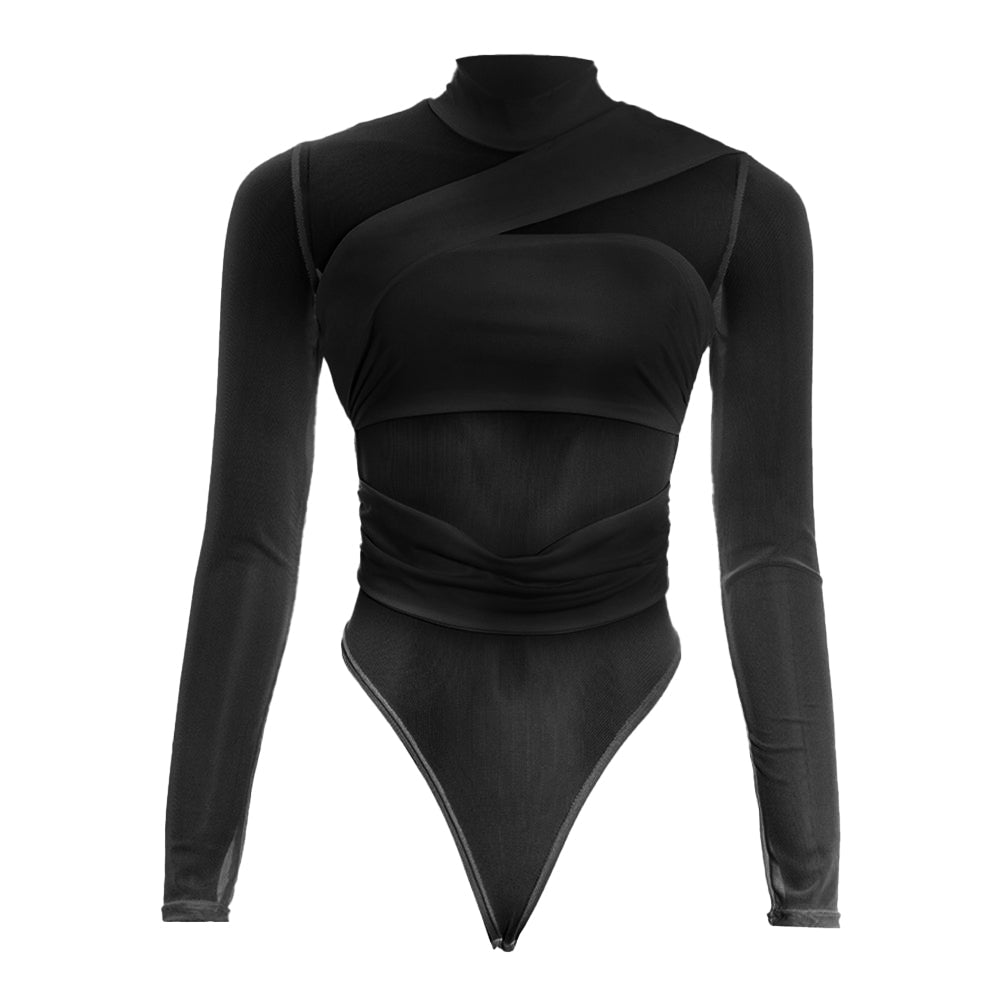 Long sleeve high neck mesh button bodysuit  | Festival Outfits Women