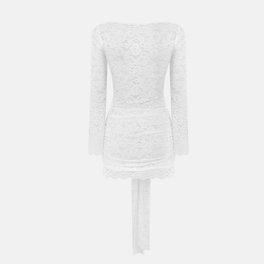 Long sleeve lace crewneck ruched mini dress  | Festival Outfits Women