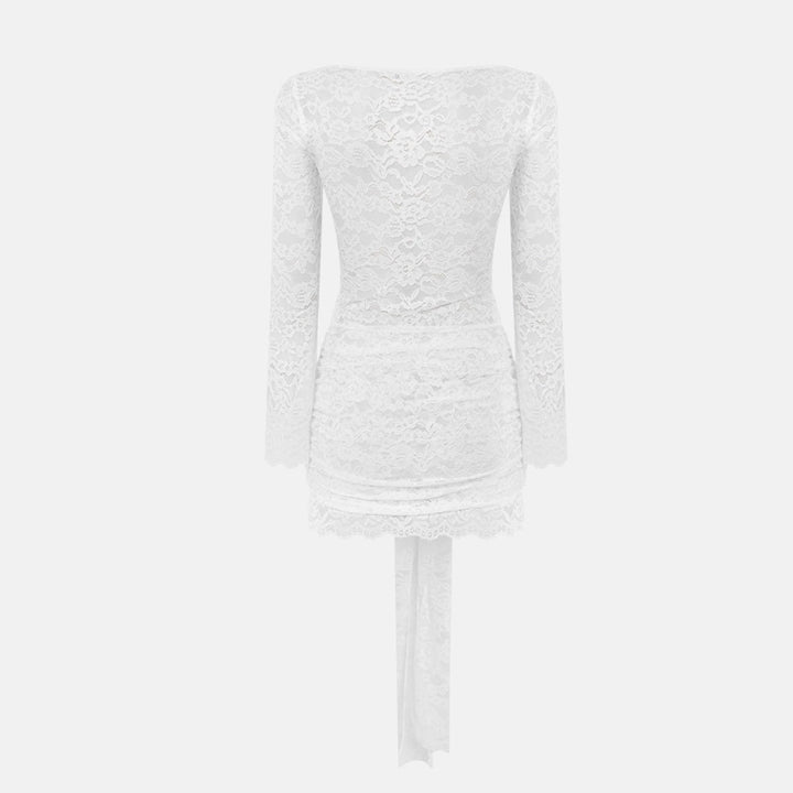 Long sleeve lace crewneck ruched mini dress  | Festival Outfits Women