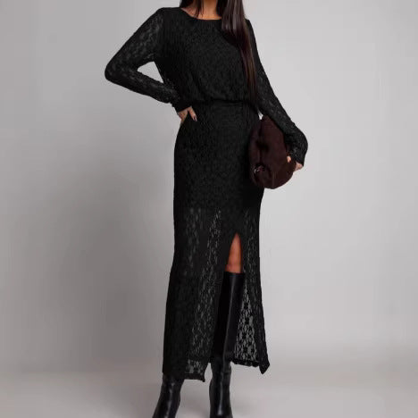 Crewneck long sleeve lace slit solid maxi dress  | Festival Outfits Women