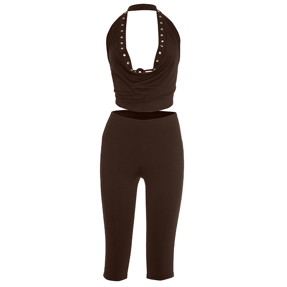 Halter self tie cowl neck hollow out pant set