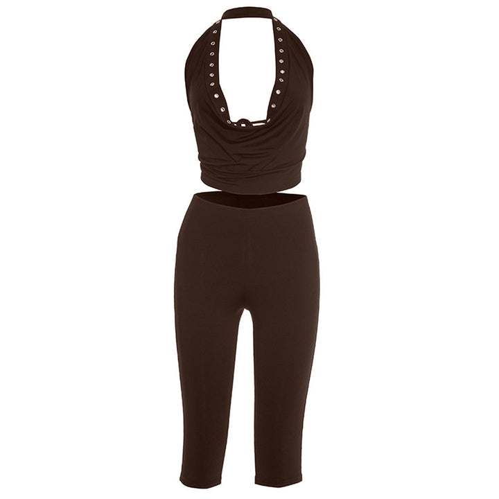Halter self tie cowl neck hollow out pant set