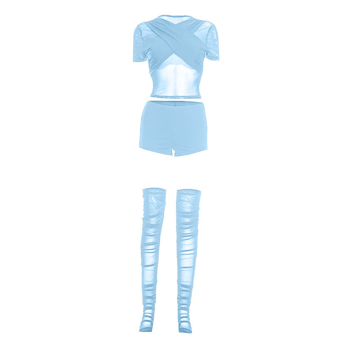 Short sleeve crewneck mesh ruched pant set