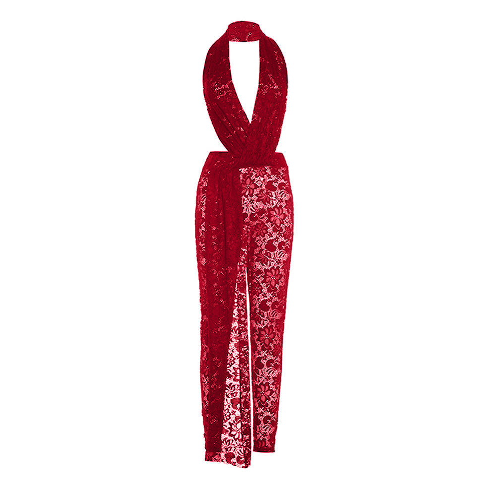 Halter deep V neck lace see through irregular jumpsuit