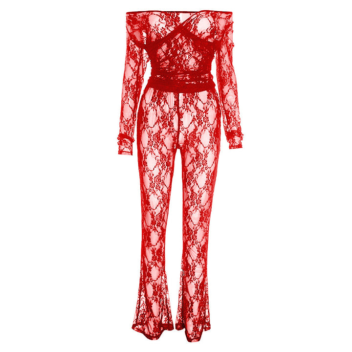 Off shoulder long sleeve lace see through pant set