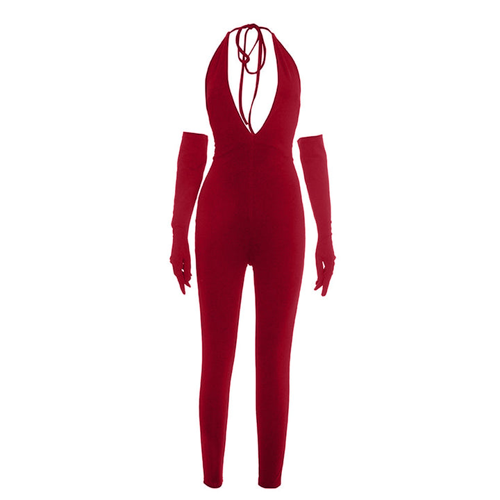 Halter self tie deep v neck backless jumpsuit