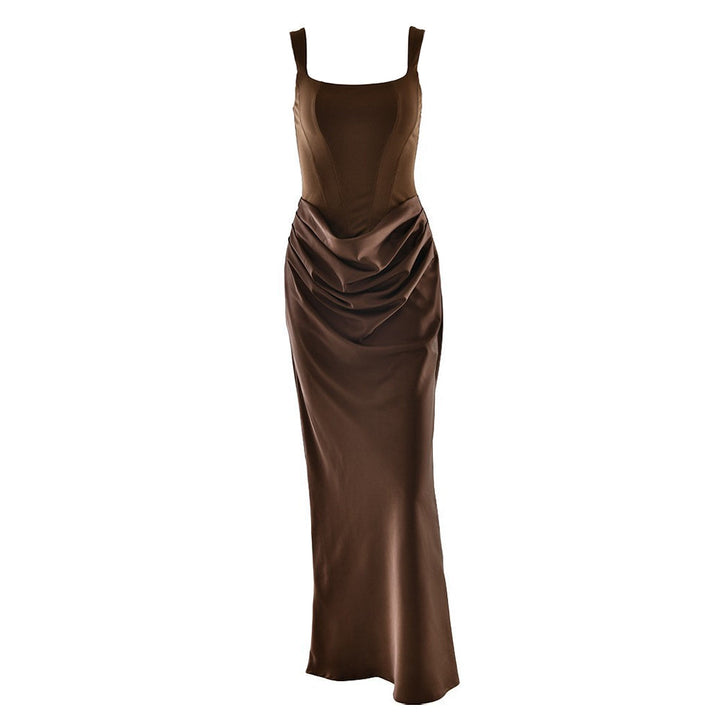 Ruched u neck backless solid cami maxi dress