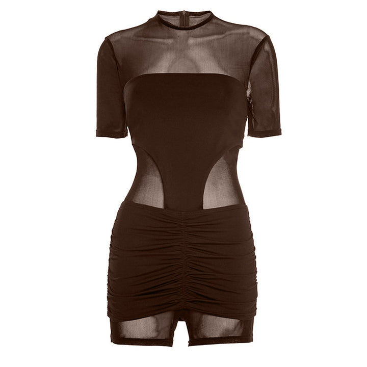 Ruched mesh crewneck short sleeve zip-up romper