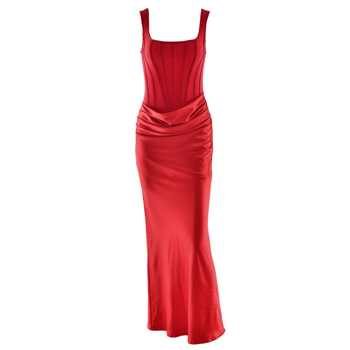 Ruched square neck backless satin cami maxi dress