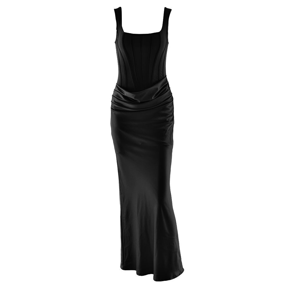 Ruched square neck backless satin cami maxi dress